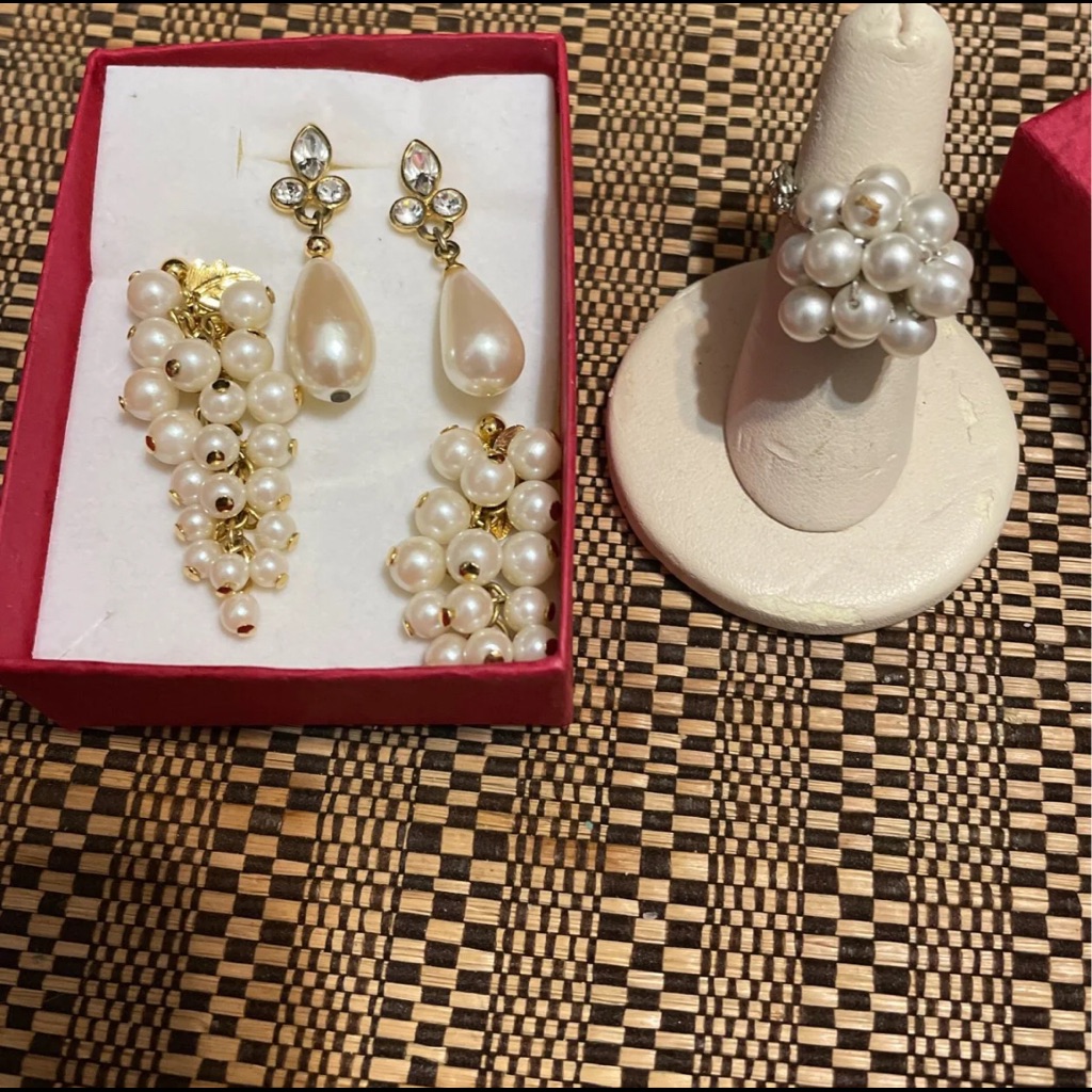 Vintage Beaded Pearl Earrings With Ring Gift Set